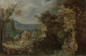 Hunter And Horsemen On A Wooded Road, With A Village In A Valley Beyond, Anton Mirou, 1608 — Anton Mirou