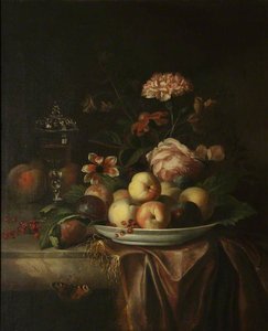 A Dish Of Peaches And Plums On A Marble Table With Flowers And A Glass Chalice — Jakab Bogdány