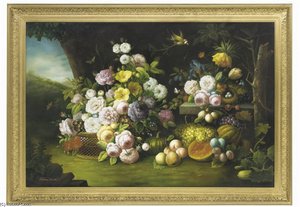 Roses, Parrot Tulips, Plums, Pumpkins, And Butterflies In A Landscape — Thomas George Webster