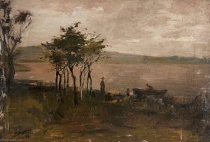 A Lady Looking Onto A Lake Beside Trees — John Elliot Maguire