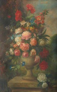 Floral Still Life In An Urn, On A Plinth, In A Garden — David Paton