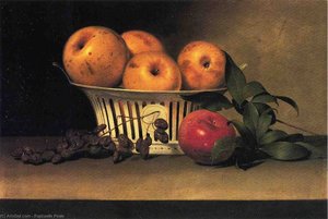 Still Life With Raisins, Yellow And Red Apples In Porcelain Basket — Raphaelle Peale, American Still Life