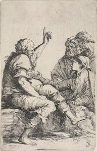 A Bearded Old Man Seated On A Rock And Making A Hortatory Gesture Toward Three Men Opposite Him, From Figurine Series — Salvator Rosa