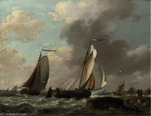 Shipping by a coast in a brisk wind