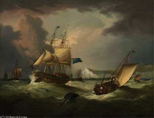 A thirty gun frigate of the blue squadron off dover castle in choppy seas