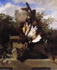 Still Life with Game and a Rifle on a Marble Ledge with an U.... a Flowery Landscape