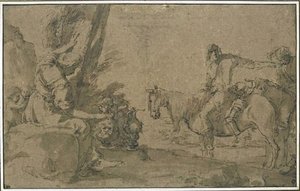 Two Riders Exhausted, Presenting A Woman, Holding Vases Decorated — Salvator Rosa