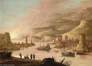 A Mountainous River Landscape With Figures On A Bank, A Town Beyond