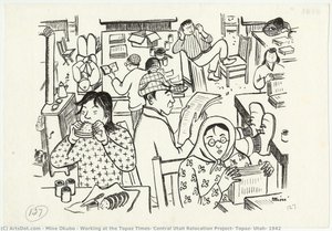 Working At The Topaz Times, Central Utah Relocation Project, Topaz, Utah, 1942 — Miné Okubo