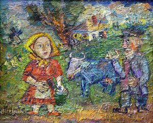 A Peasant Couple With Cow And Geese — David Davidovich Burliuk
