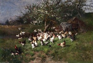 Spring - Chickens Under Flowering Apple Trees — Alexandre Defaux