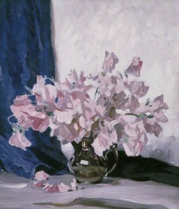 Pink Flowers And Blue Curtain — Stanley Cursiter