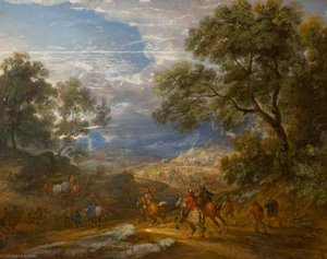 Wooded Landscape with Horsemen and a Baggage Train on a Road