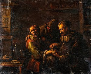 A man removing a plaster from the back of a man's hand.