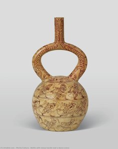 Bottle With Clamp Handle And A Dance Scene — Moche Culture