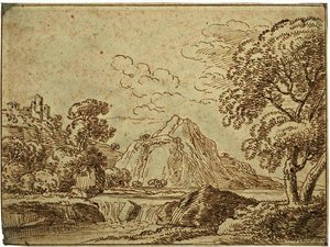 Landschaft mit Berg und Gebäude