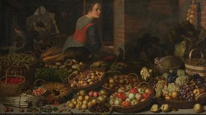 Still Life with Fruit and Vegetables, with Christ at Emmaus in the background, Floris Gerritsz van Schooten, c. 1630