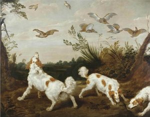 Three Springer Spaniels On The Hunt For Partridges — Paul De Vos