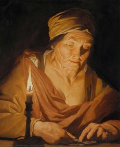 Woman counting coins by candlelight