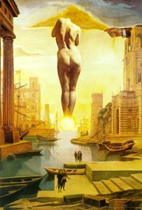 Dalh's Hand Drawing Back The Golden Fleece In The Form Of A Cloud To Show Gala The Dawn, Completely Nude, Very, Very Far Away Behind The Sun (stereoscopic Work, Left Component), 1977 — Salvador Dalí, Surrealism