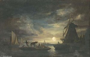 Cattle On A Barge In A Moonlit Landscape -