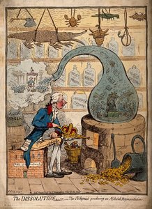 An Alchemist Using A Crown-shaped Bellows To Blow The Flames — James Gillray