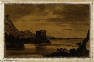 A coastal landscape with a ruined tower