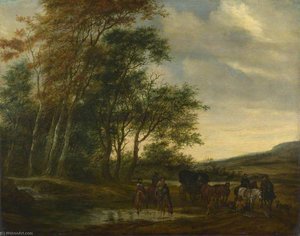 A Landscape With A Carriage And Horsemen At A Pool — Salomon Van Ruysdael