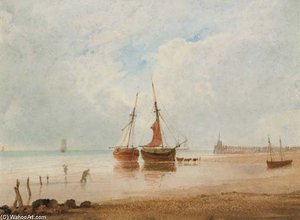 Beached Fishing Vessels At Low Tide — Anthony Vandyke Copley Fielding
