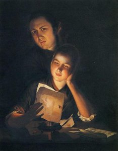 Girl Reading A Letter By Candlelight, With A Young Man Peering Over Her Shoulder — Joseph Wright Of Derby