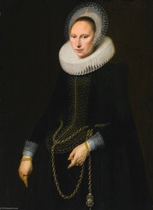 Portrait Of A Woman, Three Quarter Length, Wearing An Elaborate Lace Ruff, Cap And Cuffs — Cornelis Van Der Voort