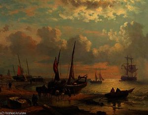 A coastal scene with sailingvessels and fishermen at work on a beach