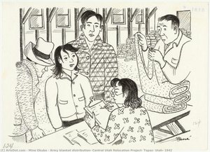 Army Blanket Distribution, Central Utah Relocation Project, Topaz, Utah, 1942 — Miné Okubo