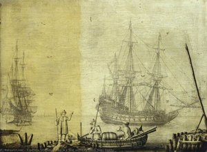 Men In A Boat With Two Dutch Ships Nearby — Experiens Sillemans