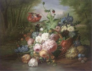Summer Flowers And Fruit In A Wicker Basket, An Extensive Landscape Beyond — Thomas George Webster