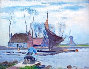 (dutch Washerwoman By Canal) (painting) — Mathias Joseph Alten