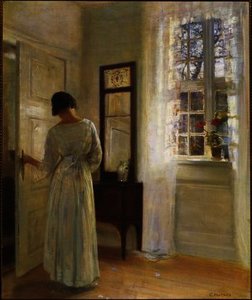 A Lady Looking In A Mirror By An Open Door — Carl Vilhelm Holsoe