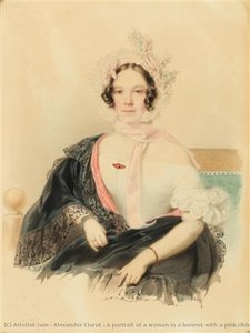 A Portrait Of A Woman In A Bonnet With A Pink Ribbon — Alexander Clarot, Romanticism