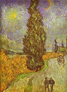Road With Man Walking, Carrige, Cypress, Star And Crescend Moon — Vincent Willem Van Gogh, Post-impressionism