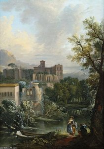 Summery River Landscape With Gallant Staffage Figures And A Monastery On A Hill
