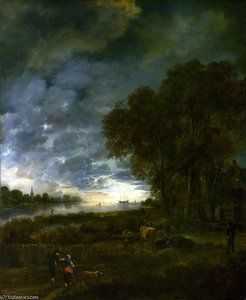 A Landscape With A River At Evening — Aert Van Der Neer