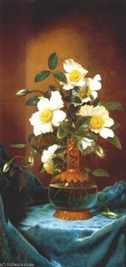 White Cherokee Roses In Salamander Vase — Martin Johnson Heade