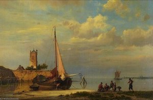 Canal With Distant Shipping And Barge With Fishermen Gathered On The Bank