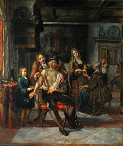 Interior Of A Surgery With A Surgeon Treating A Wound In The Arm Of A Man, With A Boy And Five Other Figures — Matthijs Naiveu