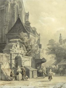 Daily Activities On A Church Square — Cornelis Springer, Romantic Realism