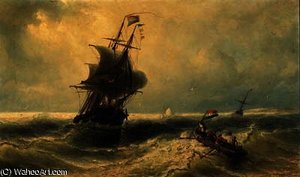 Sailors In A Rowing-boat Approaching A Dutch Three-master In A Swell — Nicolaas Riegen