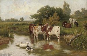 Calves Watering With Ducks In A Peaceful River Landscape — Claude Cardon, Contemporary Realism