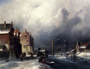 Figures In A Dutch Town By A Frozen Canal — Charles Henri Joseph Leickert