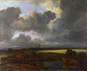 Landscape With Ruined Castle And Church — Jacob Isaackszoon Van Ruisdael, Baroque