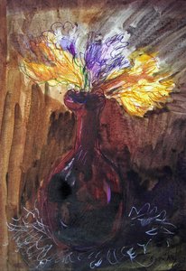 Freesia In A Red Vase — Mária Bozóky